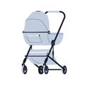Baby pram, carriage. Newborn pushchair, stroller with bag, back view. Wheeled cradle for walking. Kids transport with