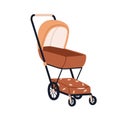 Baby pram. Stroller, buggy pushchair. Kids carriage with storage basket. Empty infants cradle with canopy, sunshade