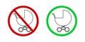 Baby prams banned and accessed icons. Kids prohibited or friendly zone labels for public places. Carriage pictogram in