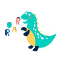 Baby print with Dino: Roar. Hand drawn graphic for typography poster, card, label, flyer, page, banner, baby wear, nursery. Scandi