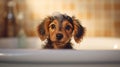 Baby puppy dog taking a bath full of soap foam created with generative AI technology Royalty Free Stock Photo