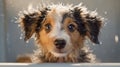 Baby puppy dog taking a bath full of soap foam created with generative AI technology Royalty Free Stock Photo