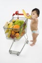 Baby pushes a shopping cart Royalty Free Stock Photo