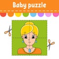 Baby puzzle. Easy level. Flash cards. Cut and play. Pleasant lovely woman. Color activity worksheet. Game for children. Cartoon Royalty Free Stock Photo