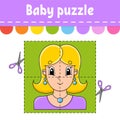 Baby puzzle. Easy level. Flash cards. Cut and play. Pleasant lovely woman. Color activity worksheet. Game for children. Cartoon Royalty Free Stock Photo
