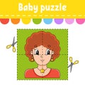 Baby puzzle. Easy level. Flash cards. Cut and play. Pleasant lovely woman. Color activity worksheet. Game for children. Cartoon Royalty Free Stock Photo