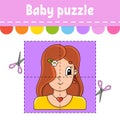 Baby puzzle. Easy level. Flash cards. Cut and play. Pleasant lovely woman. Color activity worksheet. Game for children. Cartoon Royalty Free Stock Photo