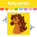 Baby puzzle. Easy level. Horse animal. Flash cards. Cut and play. Color activity worksheet. Game for children. cartoon character