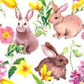 Baby rabbit animals in spring flowers. Vintage Easter floral repeating backdrop. Watercolor natural seamless pattern