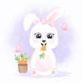 Baby rabbit eating a carrot and carrots in basket, hand drawn cartoon illustration Royalty Free Stock Photo