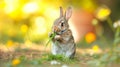 Baby rabbit eating grass outdoor on sunny summer day. Home pet