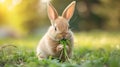 Baby rabbit eating grass outdoor on sunny summer day. Royalty Free Stock Photo