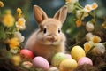 A baby rabbit is sitting in a basket full of Easter eggs