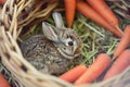 baby rabbit in a wicker basket surrounded by carrots Royalty Free Stock Photo