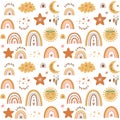 Baby rainbow pattern. Baby tribal pattern. Cute kids nursery seamless background. Cute cloud, boho moon, kids neutral