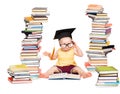 Baby Read Book in Graduation Hat and Glasses, Smart Child on White