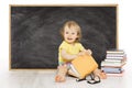 Baby Read Book near Blackboard, Kid School Black Board