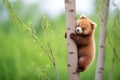 baby red panda following mother up tree Royalty Free Stock Photo