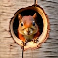 Baby Red Squirrel Peeking Out of Wood Hole Royalty Free Stock Photo