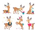 Baby Reindeer with Antler with Gift Box and Wreath Vector Set