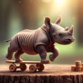 Baby rhinoceros riding a skateboard Royalty Free Stock Photo
