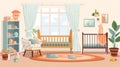 Baby room with furniture in flat style. Nursery and playroom interior with a baby cot. generative ai Royalty Free Stock Photo
