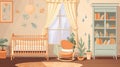 Baby room with furniture in flat style. Nursery and playroom interior with a baby cot. generative ai Royalty Free Stock Photo