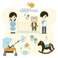 Baby room with furniture. Nursery interior.Baby Stroller, Flat style vector illustration. Royalty Free Stock Photo