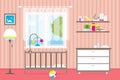 Baby room with furniture. Nursery interior. Window.