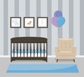 Baby room interior design in blue colors. Crib, armchair and framed pictures. Flat style vector illustration
