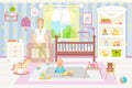 Baby room interior. Flat design. Baby room with shelf, toys, c