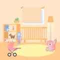 Baby room interior. Flat design. Baby room with a window, shelf, toys. Children s girls room.