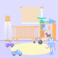 Baby room interior. Flat design. Baby room with a window, shelf, toys. Children s boys room.