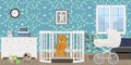 Baby room interior. Flat design. Baby room with a commode, toys, pram, window, baby cot. Children`s room. Royalty Free Stock Photo