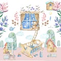 Baby room interior. Watercolor set illustration Baby room with a window, shelf, toys, cot, bedside cradle, flowers. Invite card.