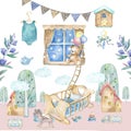 Baby room interior. Watercolor set illustration Baby room with a window, shelf, toys, cot, bedside cradle, flowers. Invite card.