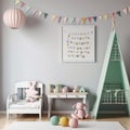 baby room mockup with crib. Bedroom design template. Neutral tones in the interior. Royalty Free Stock Photo