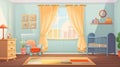 Baby room, nursery bedroom with cot bed, furniture, carpet floor lamp curtains window. generative ai Royalty Free Stock Photo