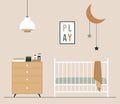 Baby room with poster, unisex white cot, lamp, chest. Nursery in Japandi or Scandinavian Style. Vector Interior background Royalty Free Stock Photo