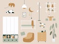 Baby room set with wardrobe, cot, shelves, table for drawing and chairs, toys etc. Nursery elements in Japandi or Scandinavian Royalty Free Stock Photo