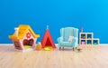 baby room tipi, children's house and armchair