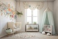 baby room, with view of blossoming flower garden, featuring light and airy colors