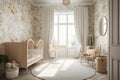 baby room, with view of blossoming flower garden, featuring light and airy colors