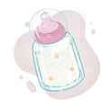 Baby`s dummy or pacifier with cap, milk bottle decorated with stars, baby food Royalty Free Stock Photo