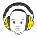 Baby`s face with headphones, vector illustration. Happy newborn baby listening to music on headphones Royalty Free Stock Photo