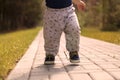 Baby`s first steps.The first independent steps. Autumn mood Royalty Free Stock Photo