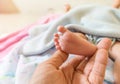 Baby's foot With the hands older adults Royalty Free Stock Photo