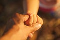 Baby`s hand hold his father`s hand in sunset time Royalty Free Stock Photo