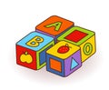 Baby`s letter cubes toys. Wooden alphabet cubes with letters and fruits pictures. Vector