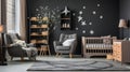 a baby's room with a crib, rocking chair, crib and Farmhouse interior Nursery with Charcoal Gray